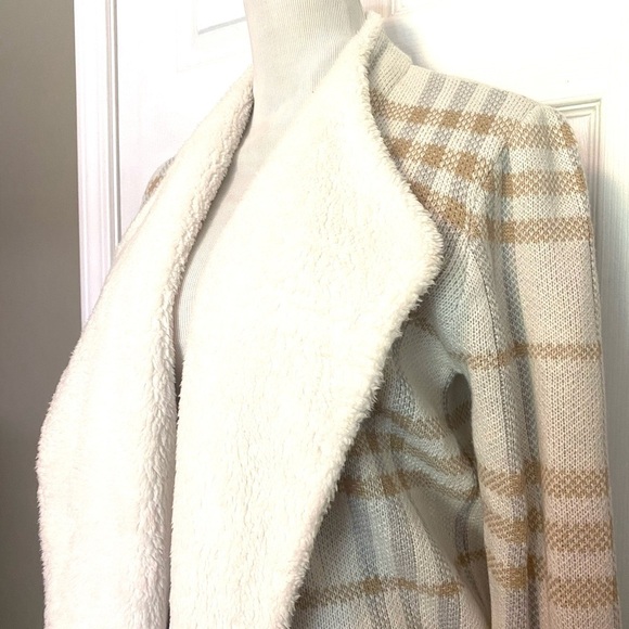 Adrienne Vittadini Ivory & Tan Plaid Open Front Cardigan Sz L - Picture 4 of 10